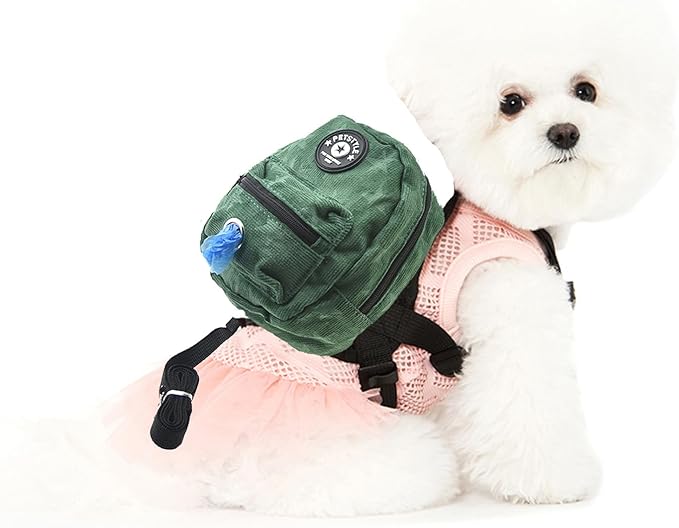 FLAdorepet Dog Backpack Harness with Leash, Dog Poop Bag Dispenser, Pet Self Carrier Adjustable Travel Hiking Walking Harness Backpack for Small Medium Dogs (L(Fit:10-15lb), Green)