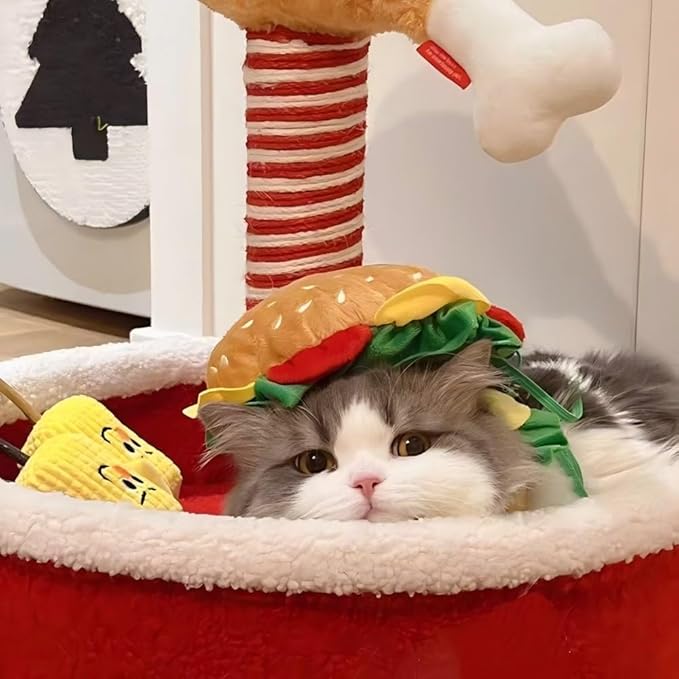 Soft Hamburger Hat Recovery Cone for Cats & Dogs - Funny Pet Collar Halloween Costume Hat for Small Pets