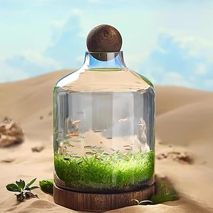 Glass Aquarium, Miniature Landscape Terrarium Glass Fish Tank with Wooden Base, Modern Betta Fish Tank, Small Aquarium for Home and Office Decoration,XXL