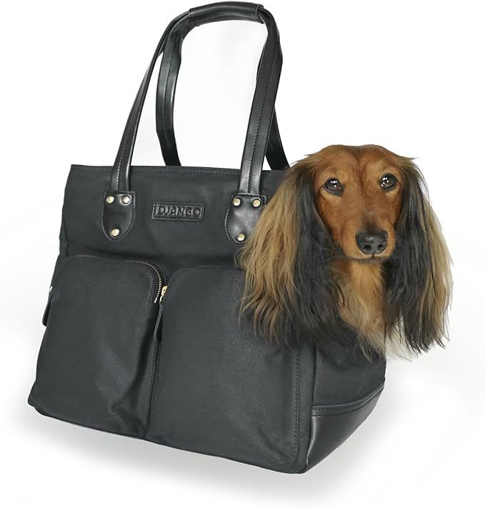DJANGO Waxed Canvas & Leather Dog Carrier Tote Bag – Premium Soft-Sided Travel Dog Purse with Safety Leash, WR Lining, & Large Zipper Pockets – Everyday Pet Carrier for Small Dogs (Black, Medium)