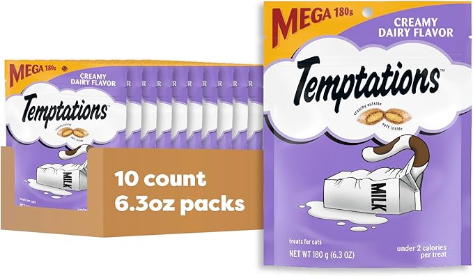 Temptations Cat Treats, Classic Crunchy and Soft Cat Treats, Creamy Dairy Flavor, 6.3 oz. Pouch (Pack of 10)