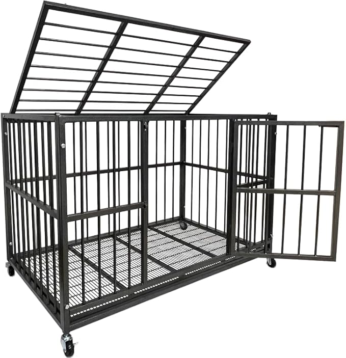 48 inch Heavy Duty Indestructible and Escape-Proof Dog Crate Cage Kennel for Large Dogs, High Anxiety Dog Crate with Removable Wire Trays and Wheels, Extra Large XL XXL