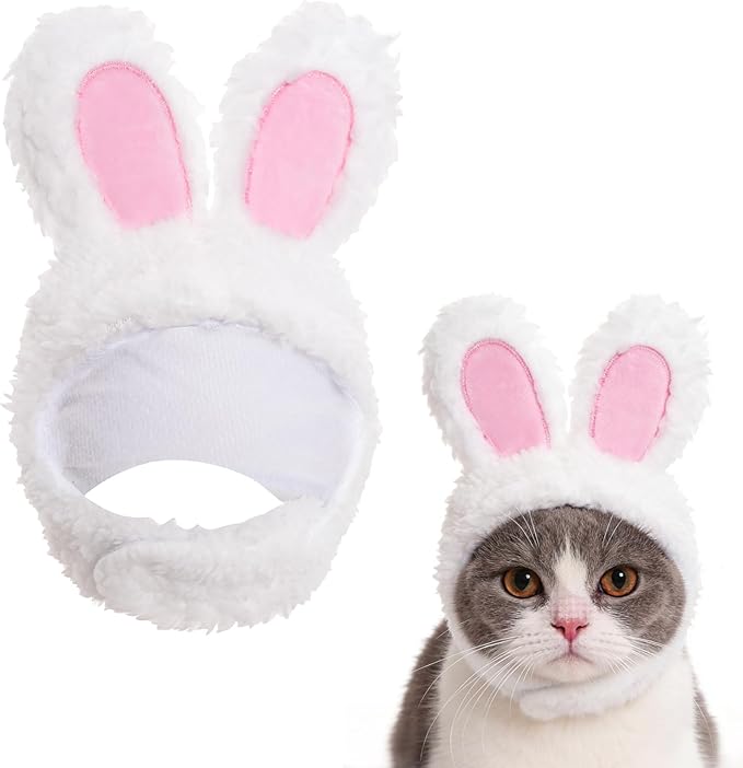 Bunny Rabbit Hat with Ears for Cats and Small Dogs Cute Plush Cat Costume Headwear for Easter Halloween