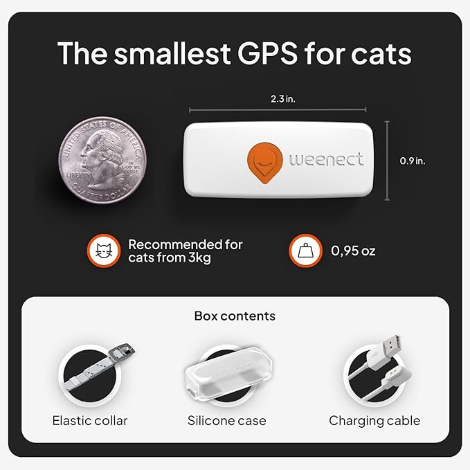 Weenect Cat XS - New GPS Tracker for Cats | Real-time Mini GPS Tracker for Cats | Smallest Model on The Market | Collar Included | Subscription Required