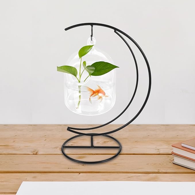 POPETPOP Hanging Glass Betta Fish Bowl with Moon-Shaped Iron Stand, 12cm Tabletop Aquarium Tank for Home Decor and Betta Fish Care
