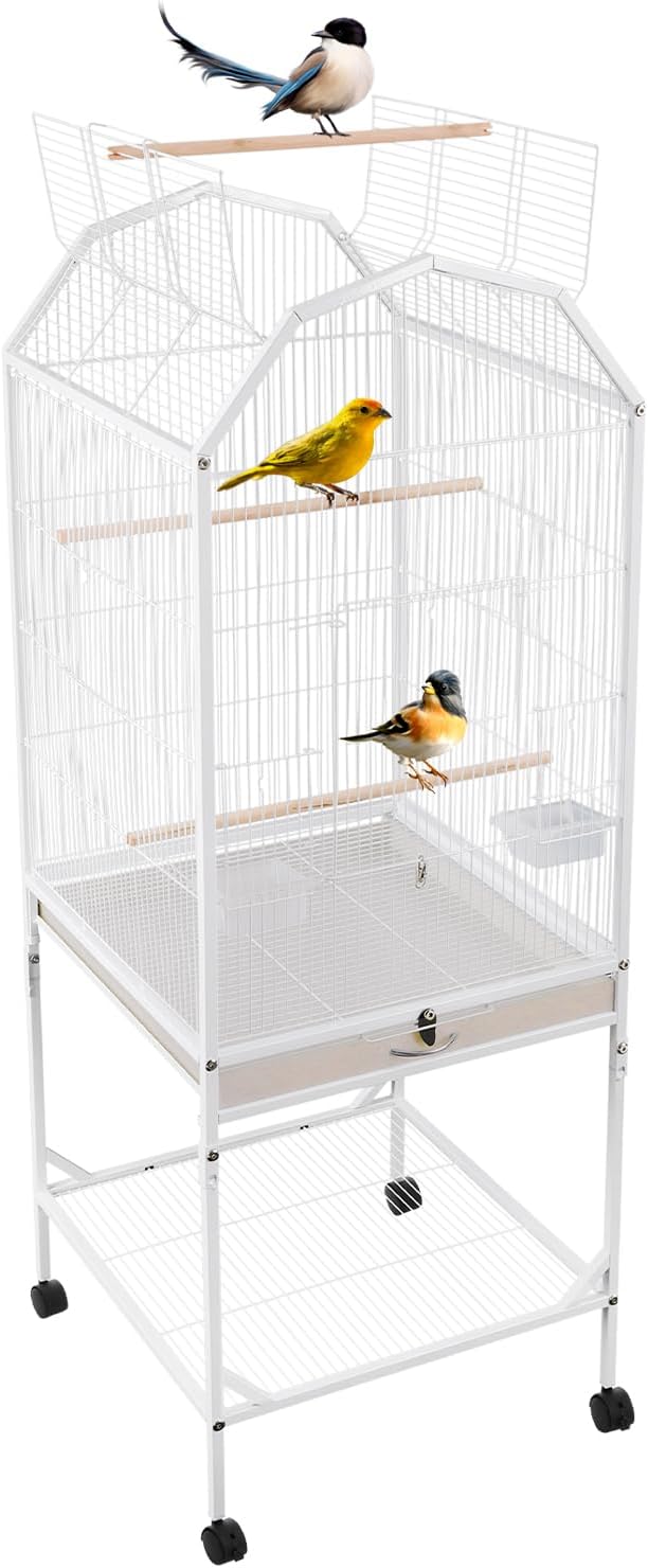 Large 46" Rolling Bird Cage for Mid-Sized Parrots with Detachable Stand, 4 Universal Wheels & Removable Tray, Iron Birdcage for Cockatiels, Parakeets, Finches (White)