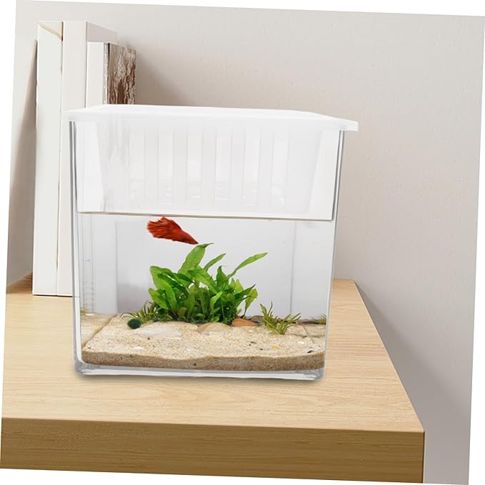 BESTonZON Clear Plastic Fish Breeding Box Hydroponic Aquarium Planter with Plant Basket Versatile Desktop Tank for Betta Fish Guppies and Aquatic Decor Home Office Settings