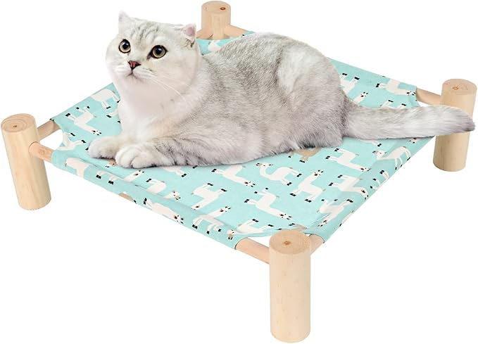 Patas Lague Cat and Dog Hammock Bed for Small Dogs, Brethable Wooden Cat Pet Rabbit Elevated Cooling Outdoor Bed Cots Furniture for All Seasons Alpaca