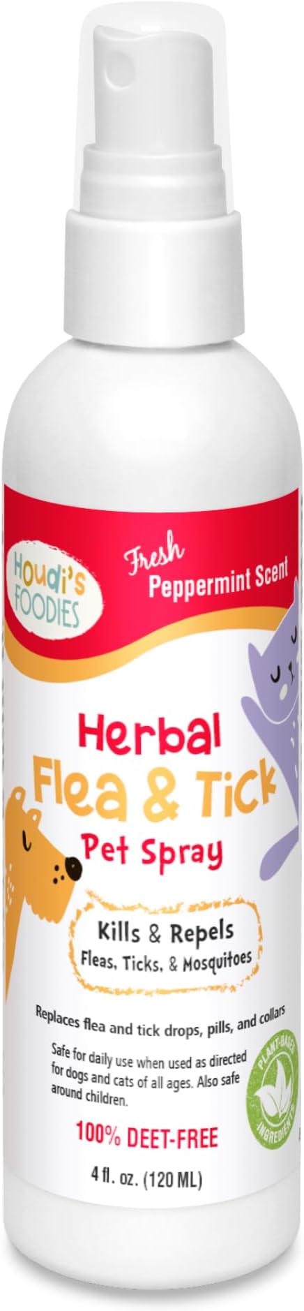 Houdi's Foodies Herbal Flea & Tick Pet Spray by North American Herb & Spice - Peppermint Scent - 4 fl oz - Kills & Repels Fleas, Ticks + Mosquitoes - DEET-Free, Plant-Based Formula
