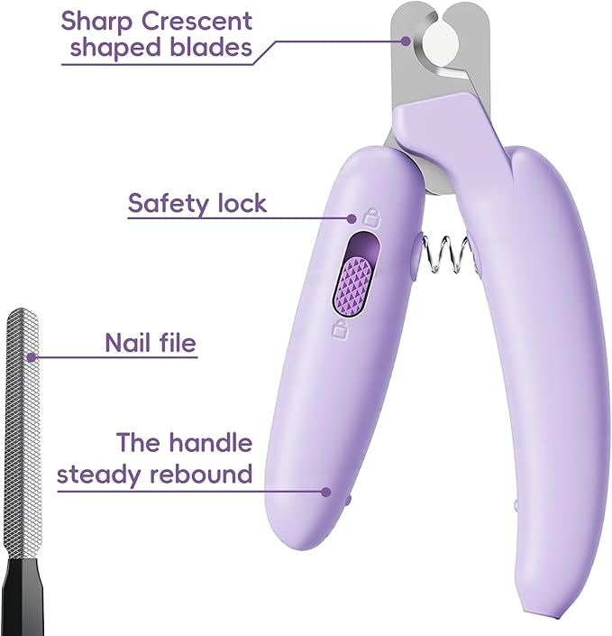 Dog Nail Clippers,Dog Nail Trimmers for Small Medium Dogs and Cats - Professional Grooming Tool with Safety Lock, Sharp Stainless Steel Blade Prevents Splitting, Includes Nail File (Purple-mini)
