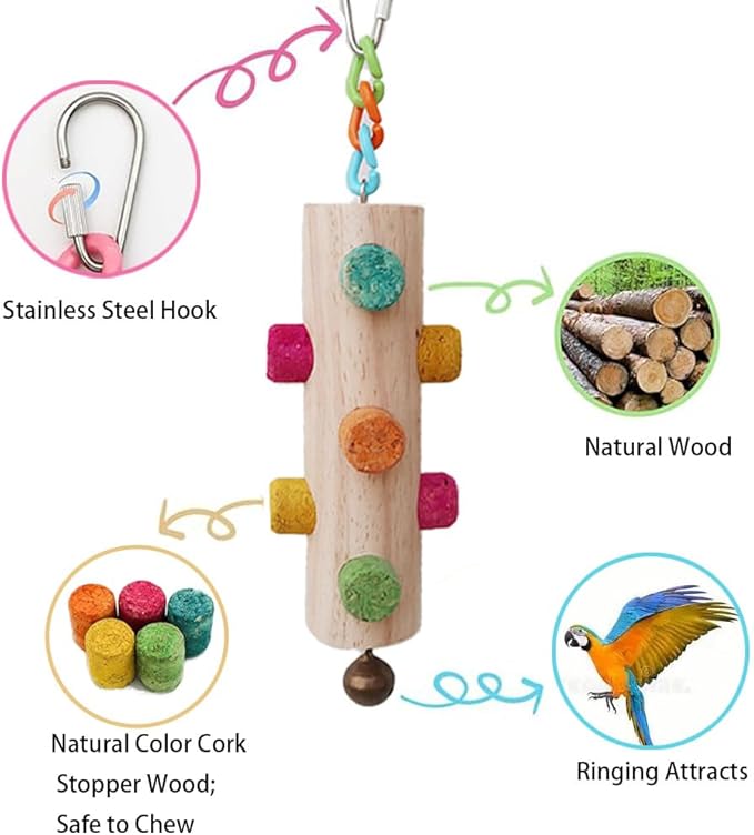Wood Parrot Chew Toys,2 pcs Bird Cork Toys for Small Medium Large Birds Parrot,Woodpecker Feeding Toy for Macaws, Parakeets, Conures, Budgies, Finches Conure Cockatiel, Cockatoos etc