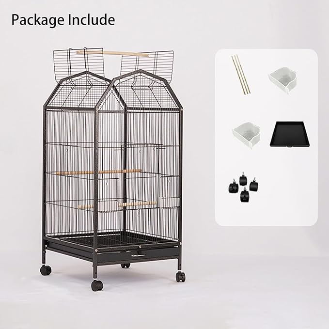 40inch Bird Cage with Rolling Wheels, Open-Top Parrot Cage Sturdy Iron Pet Bird Flight Cage Large Birdcage for Parrots Cockatiels Conure Budgie Canary (Black)