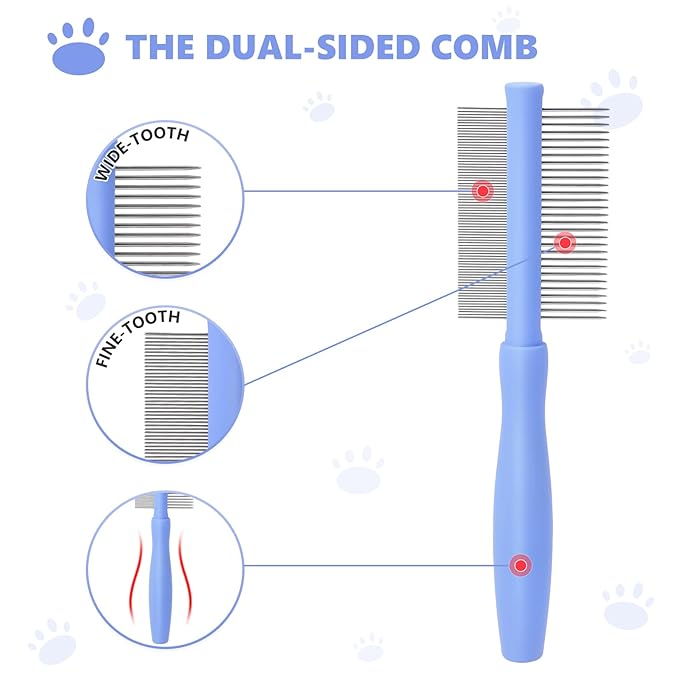 Dematting Comb for Doodles & Poodles, Dual-Sided Comb Tool for Long Curly Haired Dogs, Grooming Brush Kit for Removing Mats and Tangles, Stainless Steel, Beech Wood