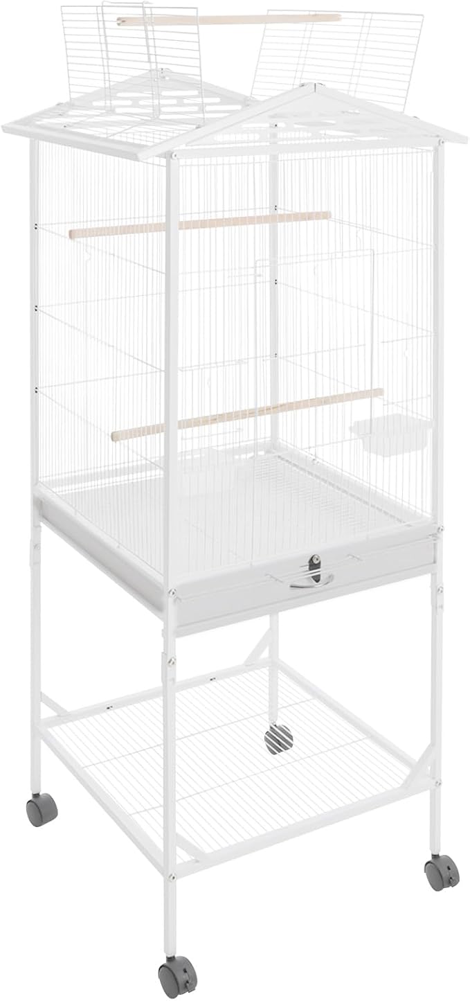 18x18x49 in Iron Flight Bird Cage, Freestanding Parakeet Bird Cage, Pigeons Parrot Birdcage, Large Parakeets Cage with 4 Universal Wheels, 3 Wooden Stands, 2* Feeding Cups and Slide-Out Tray (White)