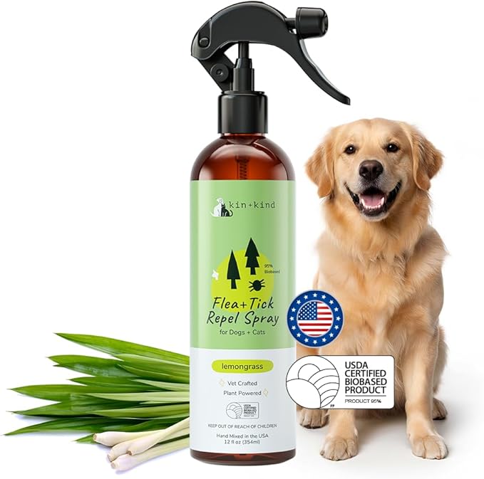kin+kind Plant Based Flea Spray for Dogs and Cats – Essential Oil Formula with Lemongrass – Flea and Tick Prevention for Cats, Kittens, Puppies & Dogs - Pet Supplies - Family Safe – 12 fl oz