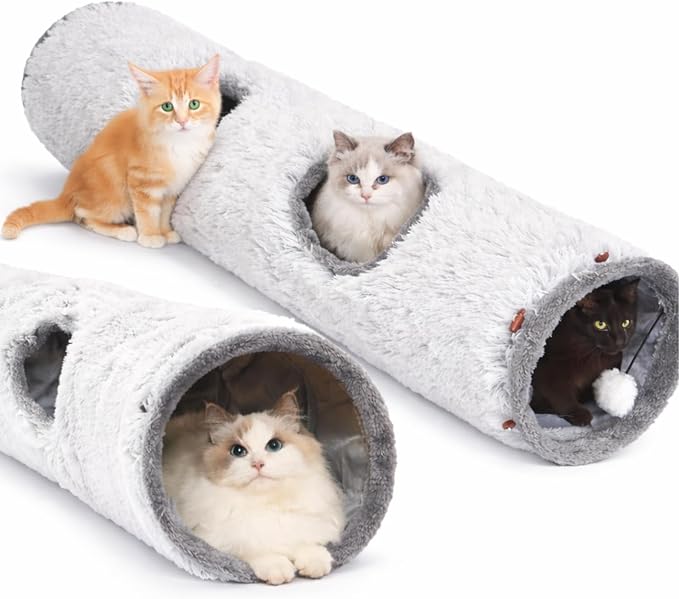 Cat Tunnels for Indoor Cats – Cat Crinkle Tunnel – Collapsible Long Plush– Cat Tube Cute Cozy Pet Play for Hours of Fun (47" / Pearl Gray)