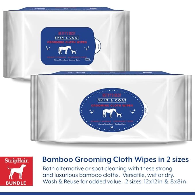 StripHair DOG Grooming Kit 8-piece: The Gentle Groomer 6-in-1 Shedding Coat Shine Massage and Pet Hair Remover Tool, Storage Pouch, 2 Packs Bamboo Wipes, 2 Coat Cleaners, Dog Bowl, Tote Bag