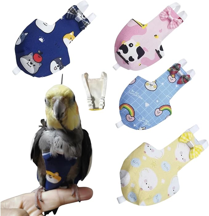 Bird Diaper Protective Parrot Nappy - 4 Pack, Reusable Flight Suit with Waterproof Inner Layer, Adjustable Shoulder Straps, Washable Cute Urine Wet Suit for Parakeet Conure (2M)