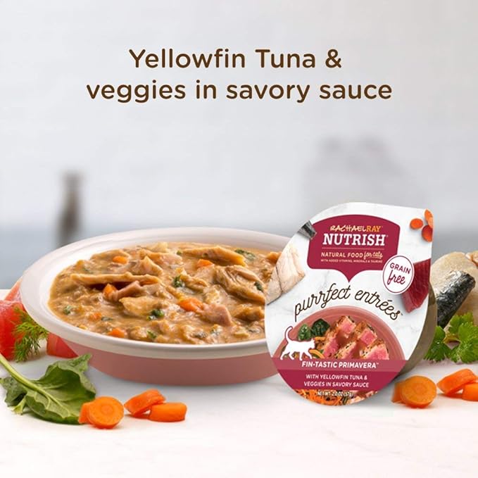 Nutrish Rachael Ray Purrfect Entrees Natural Wet Cat Food with Added Vitamins, Minerals & Taurine, Yellowfin Tuna & Veggies Recipe, 2 Ounce Cup (Pack of 12), Grain Free