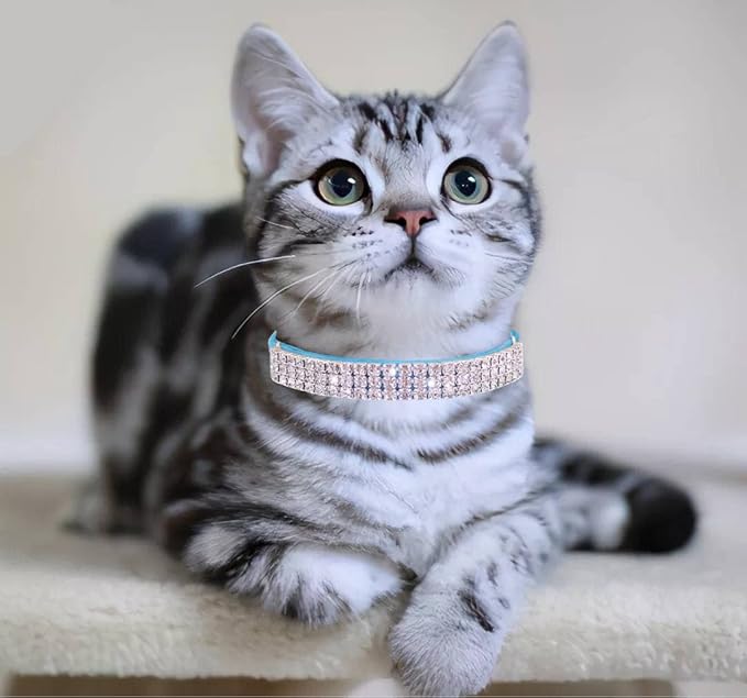 THAIN Rhinestones Cat Dog Collar Soft Velvet Safe Adjustable Collar Bling Diamante with Bells, 8-11 inch for Small Dogs and Cats (Light Blue)