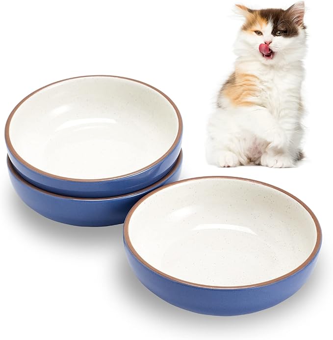 5.19 in Ceramic Cat Dishes, Howise Shallow Cat Food Bowls Small Pet Bowls Cat Food Dish for Food and Water, 3 Pack Ceramic Cat Bowls, Navy