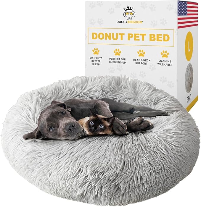 Calming Round Donut Dog Bed Pillow, Washable, Anti Anxiety, Anti-Slip, Cozy Soft Cuddler Comfort Bed with Fluffy Plush Faux Fur for Large Medium Small Sized Dog - Gray, L 35 inch