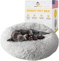 Calming Round Donut Dog Bed Pillow, Washable, Anti Anxiety, Anti-Slip, Cozy Soft Cuddler Comfort Bed with Fluffy Plush Faux Fur for Large Medium Small Sized Dog - Gray, L 35 inch