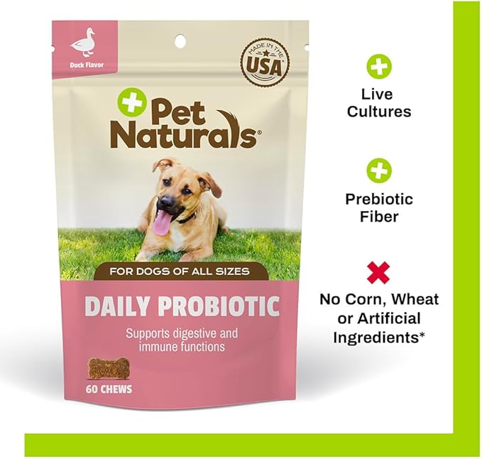 Pet Naturals Probiotics for Dogs – 60 Soft Chews, Dog Probiotic Chews for Digestive & Gut Health Support, 120M CFUs + Prebiotics, Immune Support for Occasional Upset Stomach, Duck Flavor, All Breeds