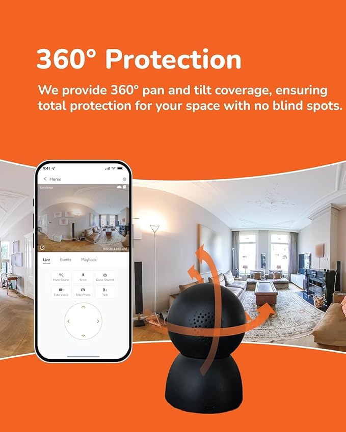 Sensforge 2.5K Indoor Pan-Tilt Dome Security Camera, AI Human & Pet Detection, 360° Coverage, Two-Way Audio, Dual-Band Wi-Fi (2.4G/5G), 64GB SD Card Included, No Monthly Fees (2, Black)