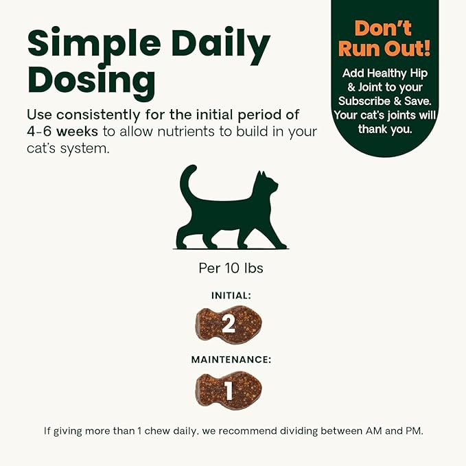 VetriScience Extra Strength Healthy Hip & Joint Chews, GlycoFlex Glucosamine and Green-Lipped Mussel Joint Support Supplement for Cats, Promote Mobility and Soothe Joint Discomfort, Chicken, 60 Count