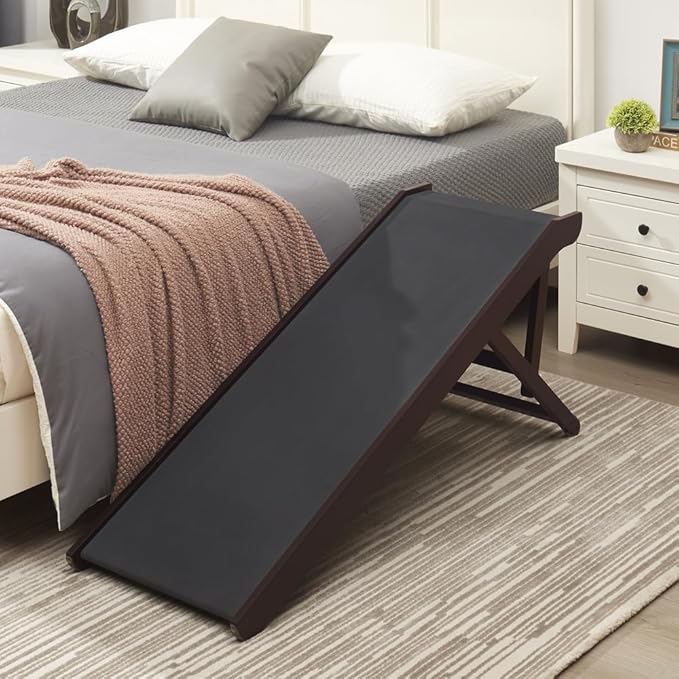 unipaws Foldable Wooden Pet Ramp with Adjustable Height, Dog Ramp to Reach High Bed and Couch, Durable Pet Ladder with Updated Non-Slip Yoga Mat for Dog and Cat