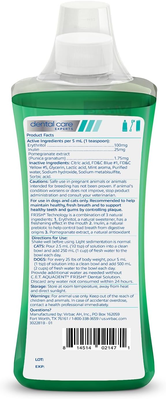 Virbac C.E.T. AQUADENT® FR3SH® Dental Solution - Supports Dental Health & Fresher Breath - for Dogs & Cats (500 ml)