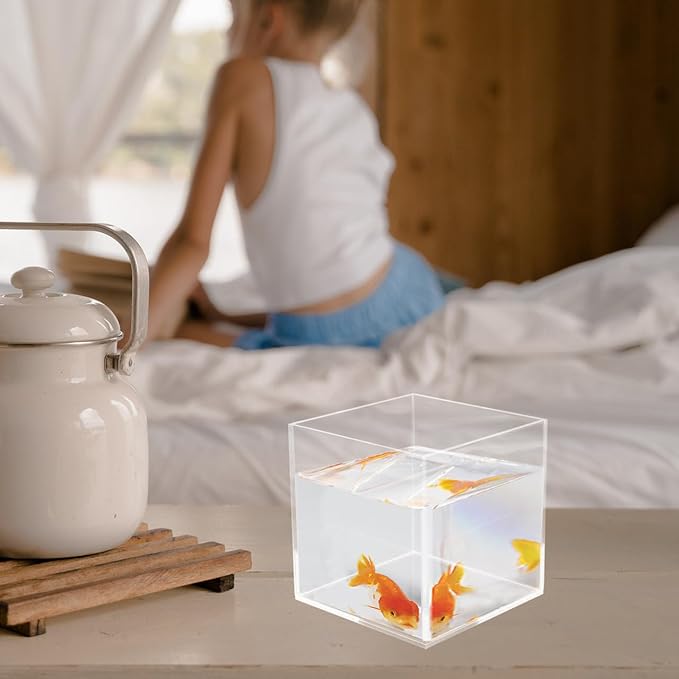 Housoutil Square Acrylic Fish Tank Mini Betta Aquarium for Turtles and Aquatic Plants Versatile Desktop Decor for Home Office and Parties