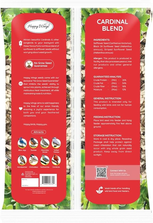 Happy Wings Cardinal Blend Bird Food, Mix of Sunflower and Safflower Seed, 10 Pounds - 5 Pounds Combo Pack of 2 | No Grow Seed | Bird Food for Wild Birds