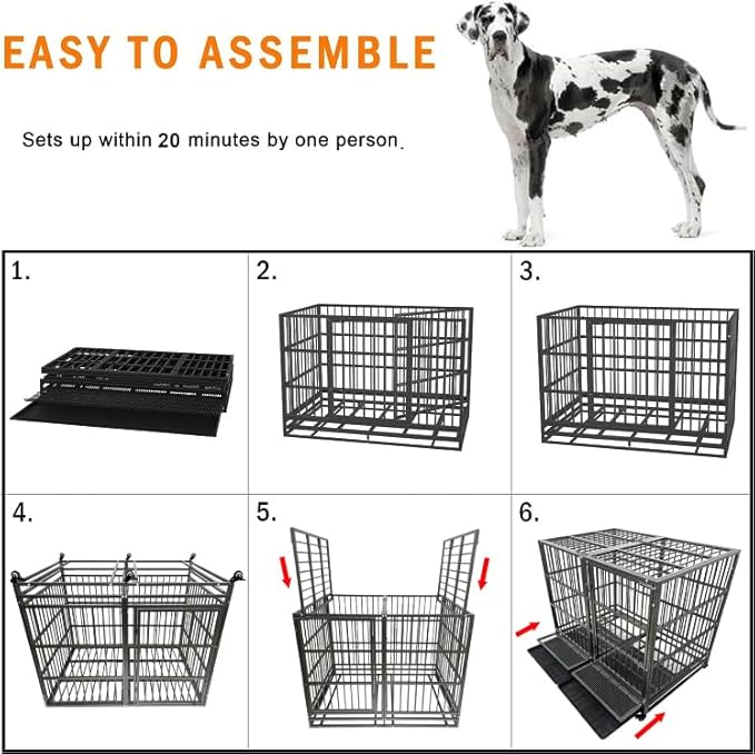 54 inch Heavy Duty Indestructible and Escape-Proof Dog Crate Cage Kennel for Large Dogs, High Anxiety Dog Crate with Removable Wire Trays and Wheels, Extra Large XL XXL, Black
