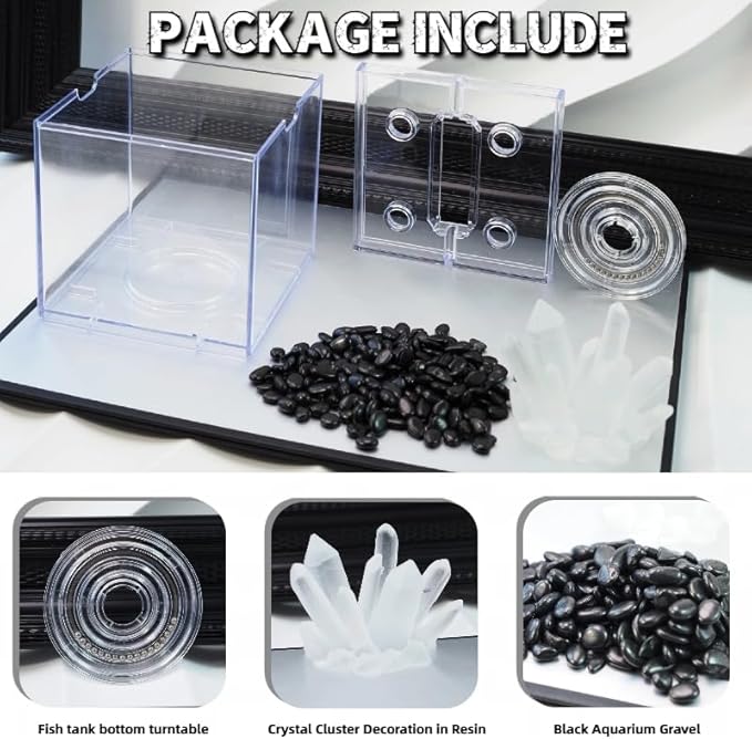 Mini Betta Fish Tank, Stackable Small Fish Bowl for Desktop Decoration, 0.2 Gallon 360° Rotatable Tiny Aquarium Kit with Gravels & Resin Crystal Cluster for Sea Monkey, Shrimp