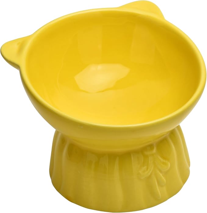 Elevated Cat Food Bowl,8 Oz Ceramic Raised and Tilted Water Bowl,Anti Vomiting and Protect Pets Spines Dishes for Fat Faced Cat, Indoor Cats,Kitten,Small Dog (Yellow)