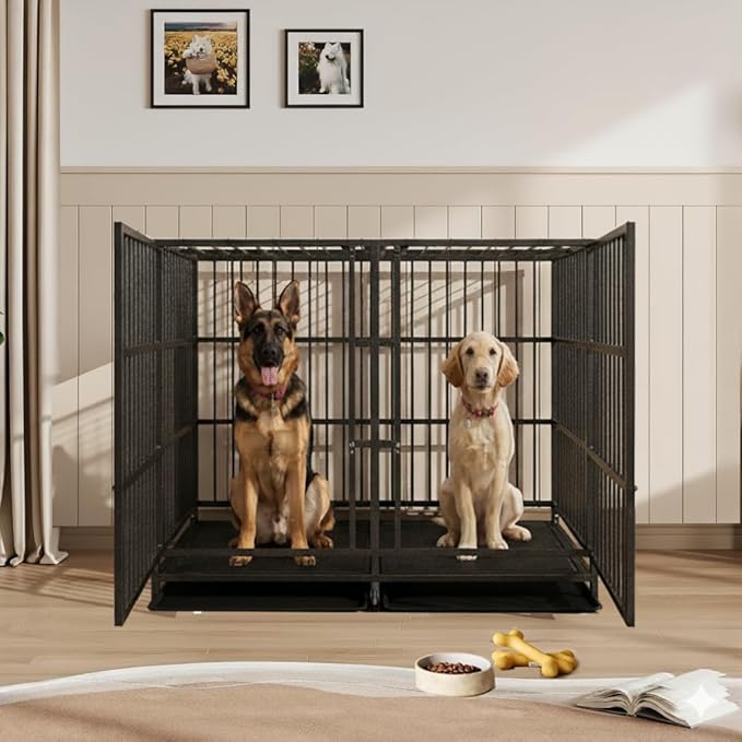 54 inch Heavy Duty Indestructible and Escape-Proof Dog Crate Cage Kennel with Divider for 2 Large Dogs, High Anxiety Dog Crate with Removable Wires Trays and Wheels, Extra Large XL XXL