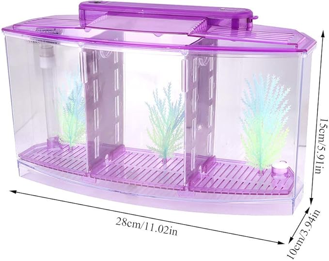 Three Areas Small Aquarium, Transparent Fish Tank, Desktop with Water Change Valve with LED Light for Betta Small Fishes(Purple)