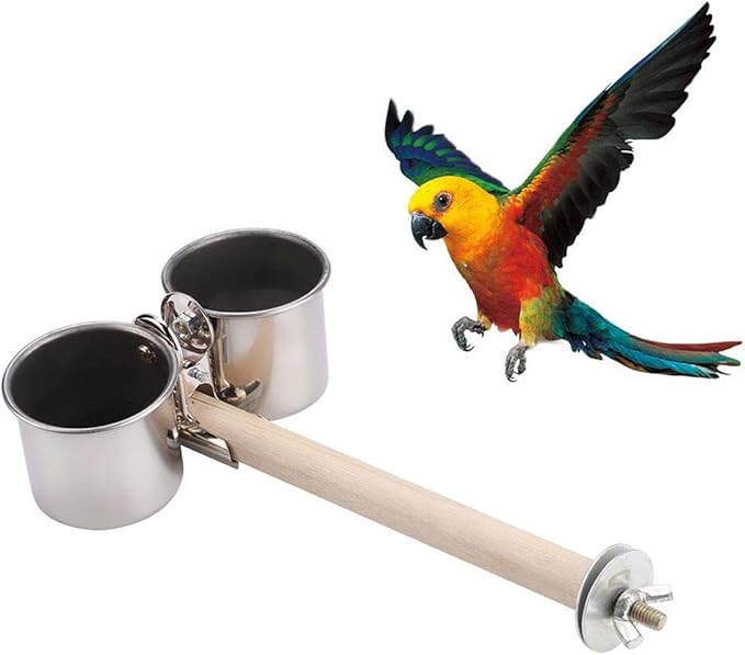 Bird Perch with Feeder CupsBowls Stainless Steel Odorless with Holder Hanger for Outside Durable Water Food Dispenser for Parakeet Cockatiel Conure African Grey Macaw Cage Accessories (A-18CM)