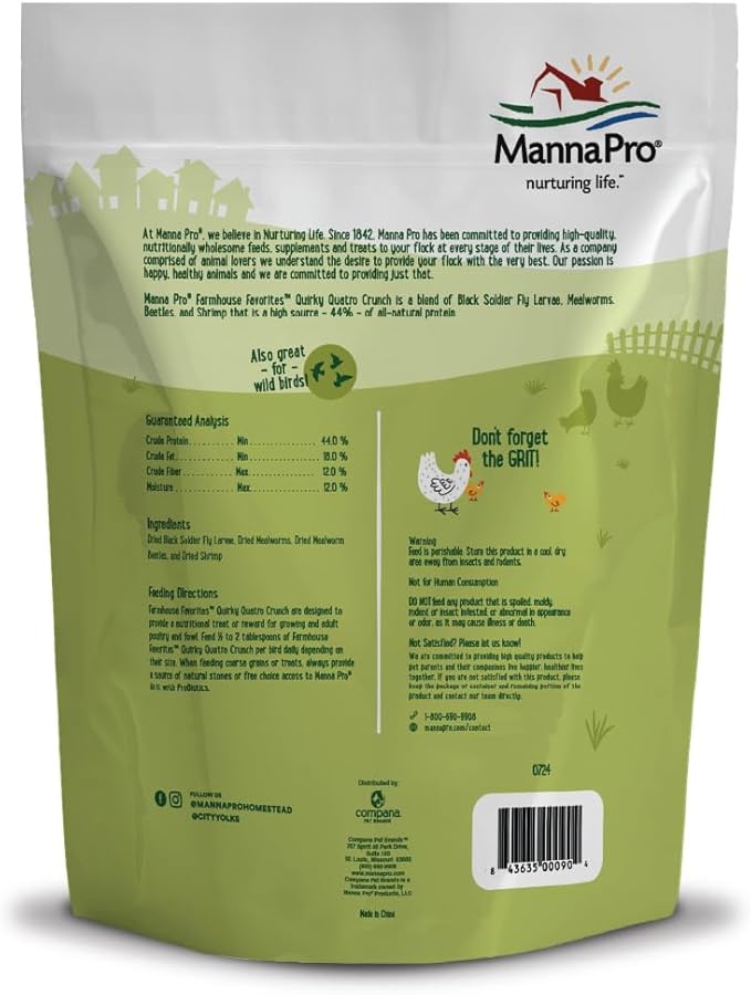 Manna Pro Farmhouse Favorites Quirky Quatro Crunch, 100% Natural Protein Treat for Mixed Flocks & Poultry – Blend of Black Solider Fly Larvae for Chicks and Chickens, Mealworms, Beetles & Shrimp – 2lb