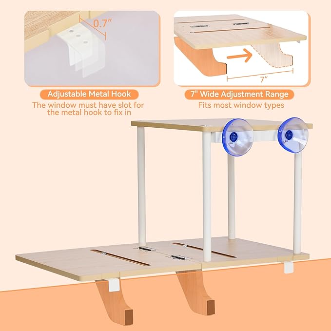 PETSFIT Cat Window Perch,Dual-Level Hammock with Suction Cups & Wooden Base, Supports Large Cats & Multi-Cat Families, Reversible Cushions, Tool-Free Installation