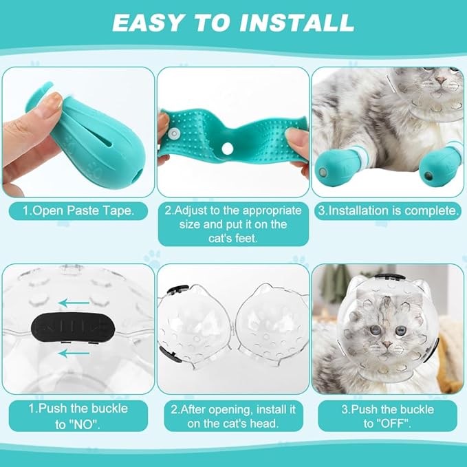 Breathable Cat Muzzle with Anti-Scratch Silicone Boots, Adjustable Transparent Helmet & Grip Socks for Grooming, Vet Visits, and Nail Trimming(Size:L)