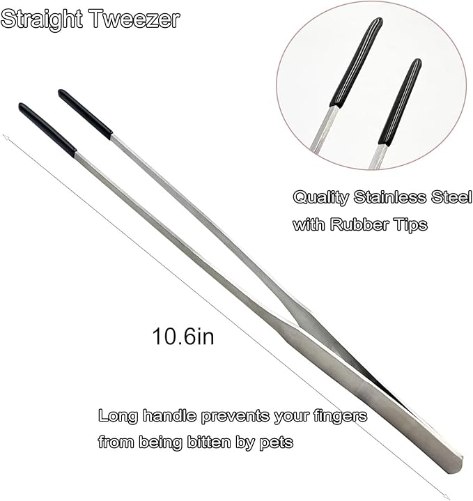 Stainless Steel Straight and Curved Tweezers Aquarium Tweezers with Rubber Tips Long Handle Reptile Feeding Tongs for Fish Tank Aquatic Plants, 2pcs, 10.6 Inch, Silver