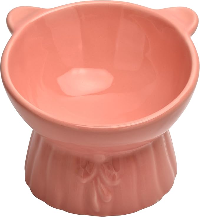 Elevated Cat Food Bowl,8 Oz Ceramic Raised and Tilted Water Bowl,Anti Vomiting and Protect Pets Spines Dishes for Fat Faced Cat, Indoor Cats,Kitten,Small Dog (Pink)