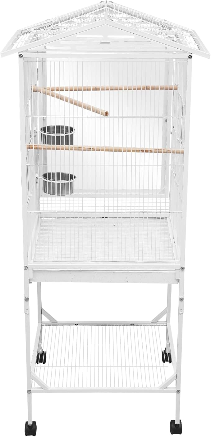 53.5 Inch Large Bird Cage Parakeet Cage with Wheels and Play Open Top Iron Bird Flight Cages for Parrot Lovebirds Finches Canaries Parakeets Cockatiels Budgie Parrotlet Conures (White, Type A)