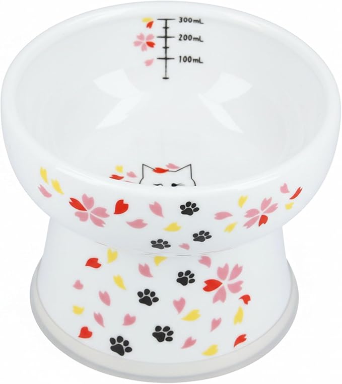 Necoichi Elevated Cat Water Bowl – Ceramic Raised Cat Bowl, Prevents Neck & Whisker Fatigue – Dishwasher & Microwave Safe – Pet Water Bowl for Cats (Sakura Floral, Extra Tall)