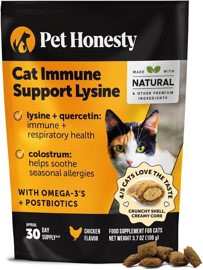 Cat Immune Support Lysine – Allergy Relief & Immune Health Supplement for Cats with L-Lysine, Colostrum, Quercetin & Omega-3 – Soothes Sneezing, Runny Nose & Itchy Skin Chicken, (30-Day Supply)