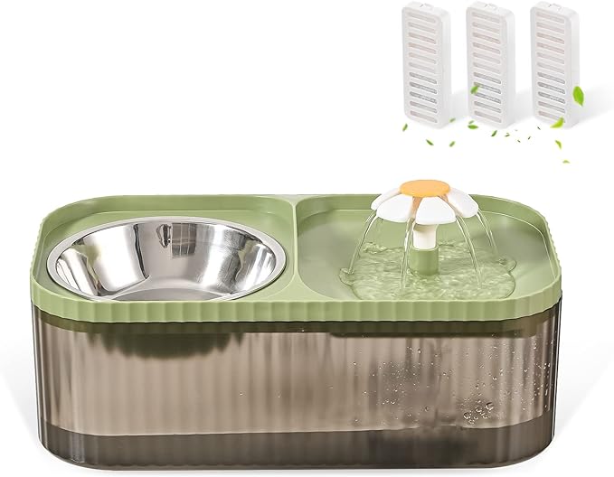 Cat Water Fountain and Food Bowl, 3L/101oz Ultra Quiet Pet Water Dispenser with Smart Pump and 3 Replacement Filters, Automatic Flower Fountain & Stainless Steel Bowl (Black & Green)