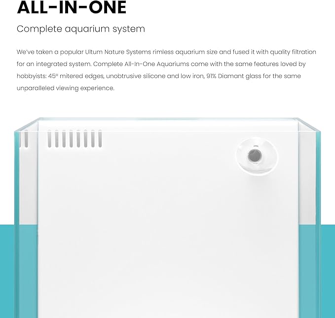 Ultum Nature Systems Rimless All in One Aquarium - Cube Fish Tank, Freshwater AIO Aquarium, Rimless Fish Tank w/Triple-Chamber Filter & White Background - 7 Gallon - 11.81" x 11.81" x 11.81" - 30A